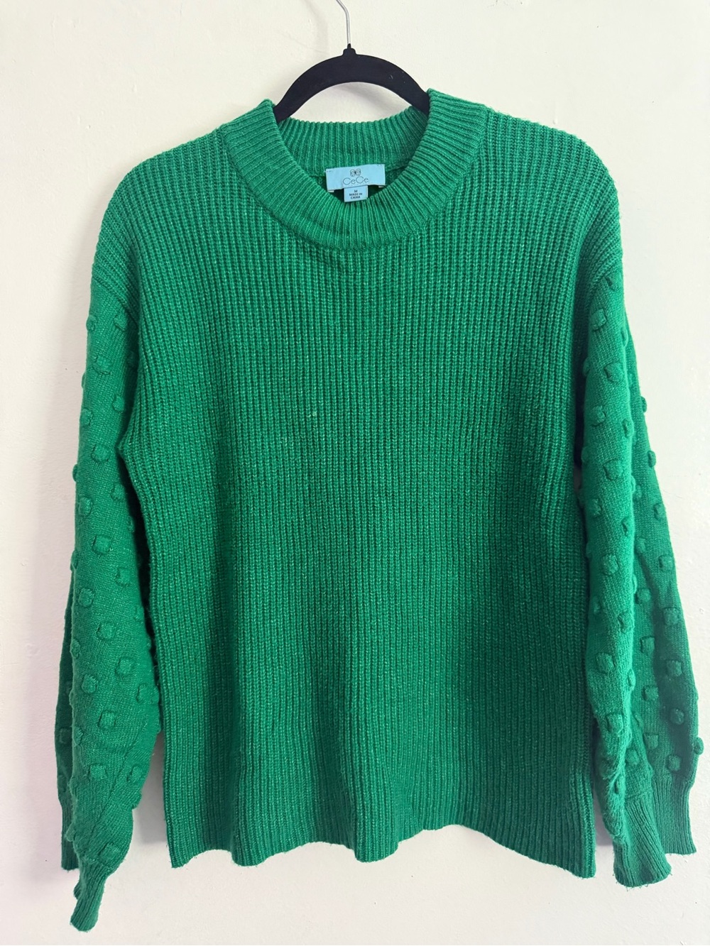 CeCe Women’s Green Bobble Sleeve Ribbed Knit Sweater Size M - Picture 2 of 10